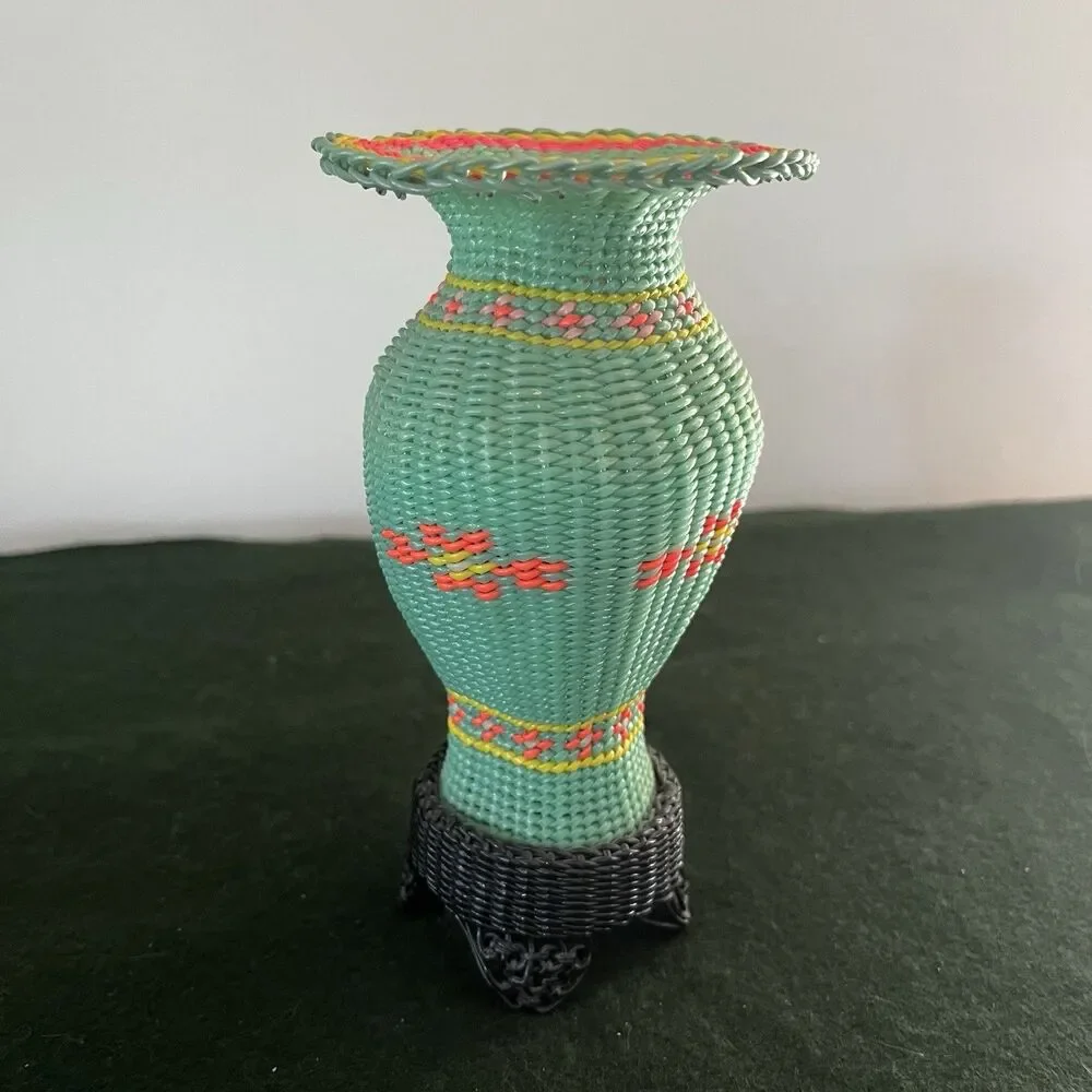 Vintage Scoubidou Technique Asian Dry Vase 6.5in Woven Plastic Cord 1960's